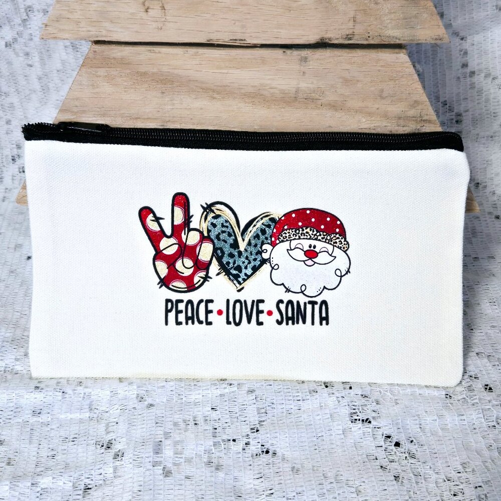 NEW SMALL CANVAS ZIPPER POUCH, COSMETIC BAG, CHRISTMAS PEACE LOVE SANTA 8"
